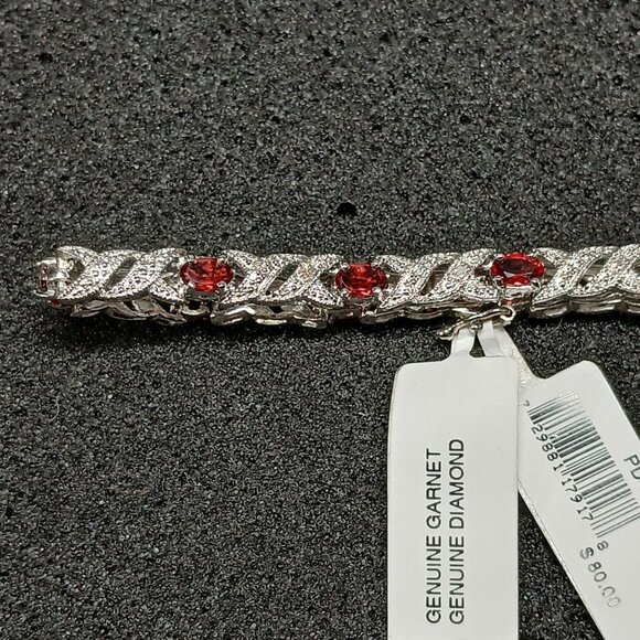 .925 Sterling Silver Garnet & Diamond Tennis Bracelet 7½" Light Red NWT FMC - Picture 1 of 9